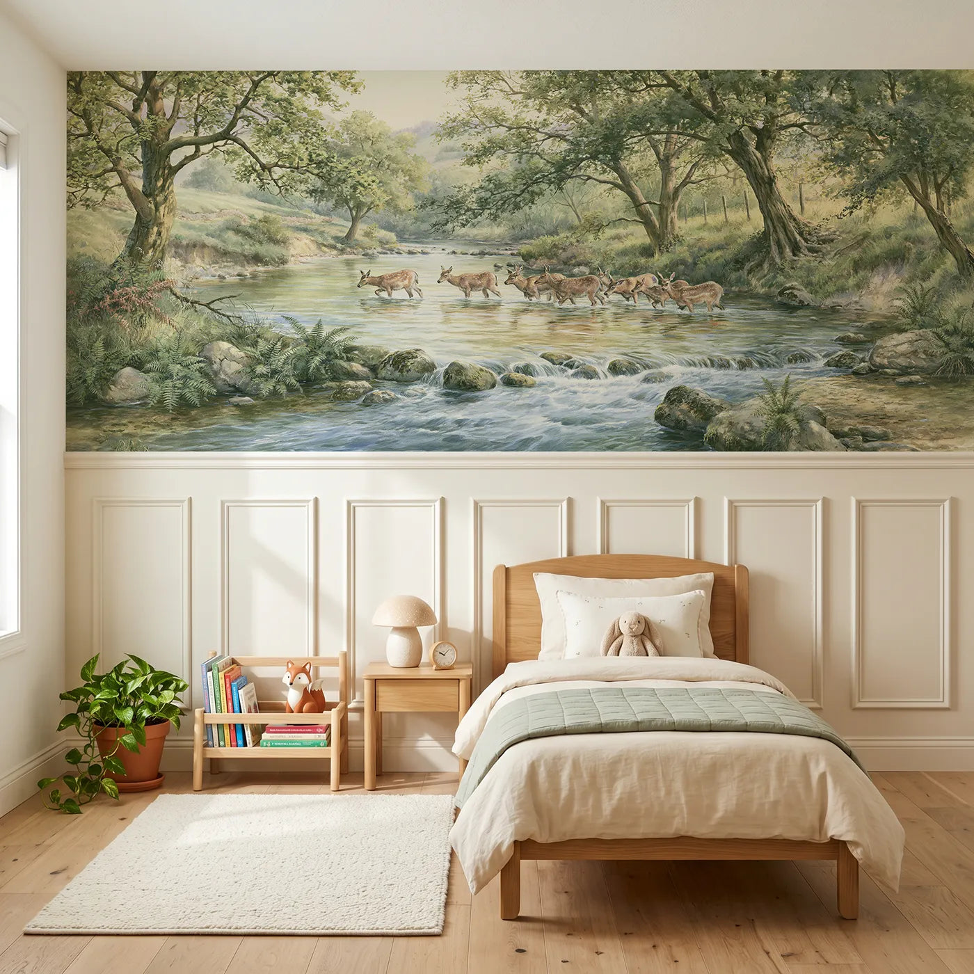 Storybook wainscoting wallpaper of a deer herd in the stream by Whimsy Tots