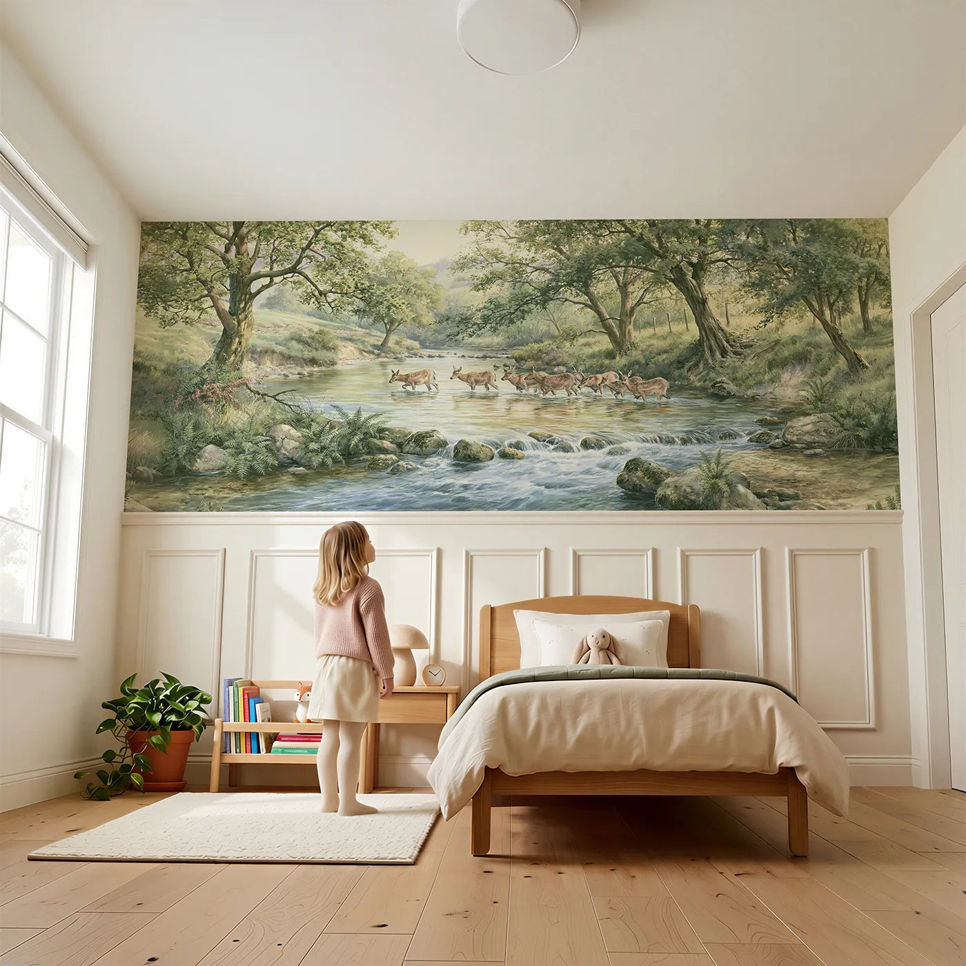 Child reading near Deer Herd In The Stream Wainscoting Wallpaper by Whimsy Tots