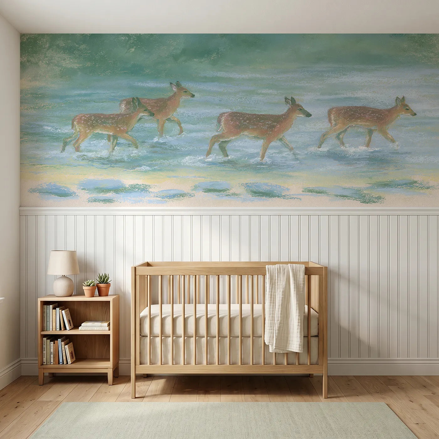 Soft pastel wainscoting wallpaper of deer crossing the old ford by Whimsy Tots