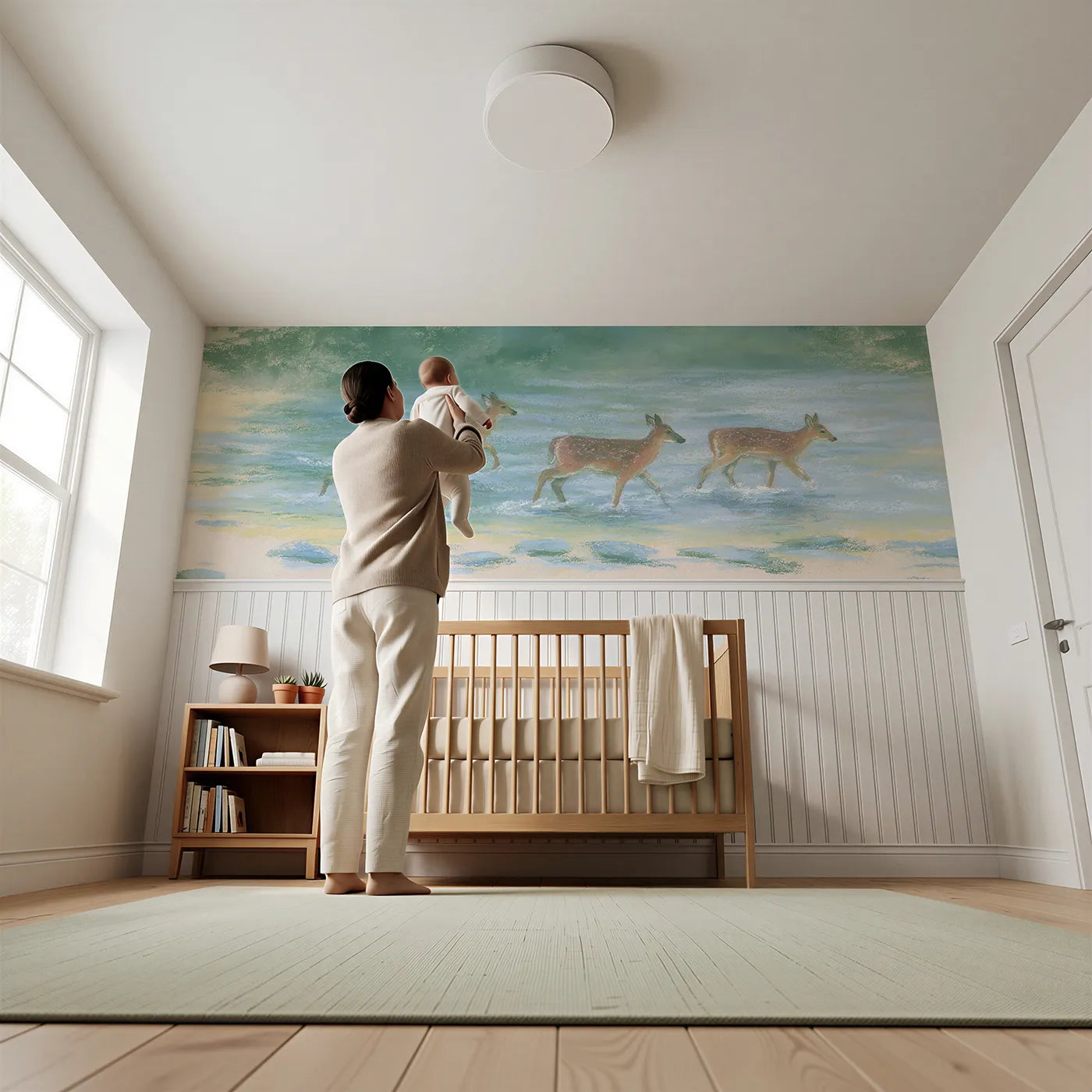Child reading near Crossing The Old Ford Wainscoting Wallpaper by Whimsy Tots