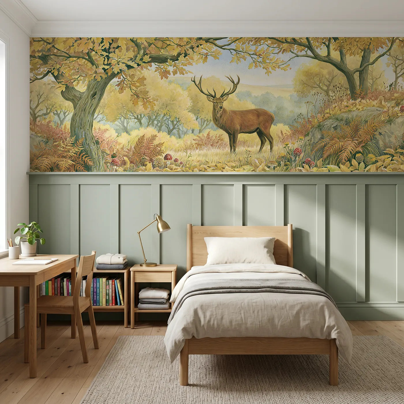 Storybook wainscoting wallpaper of a stag in the autumn glade by Whimsy Tots