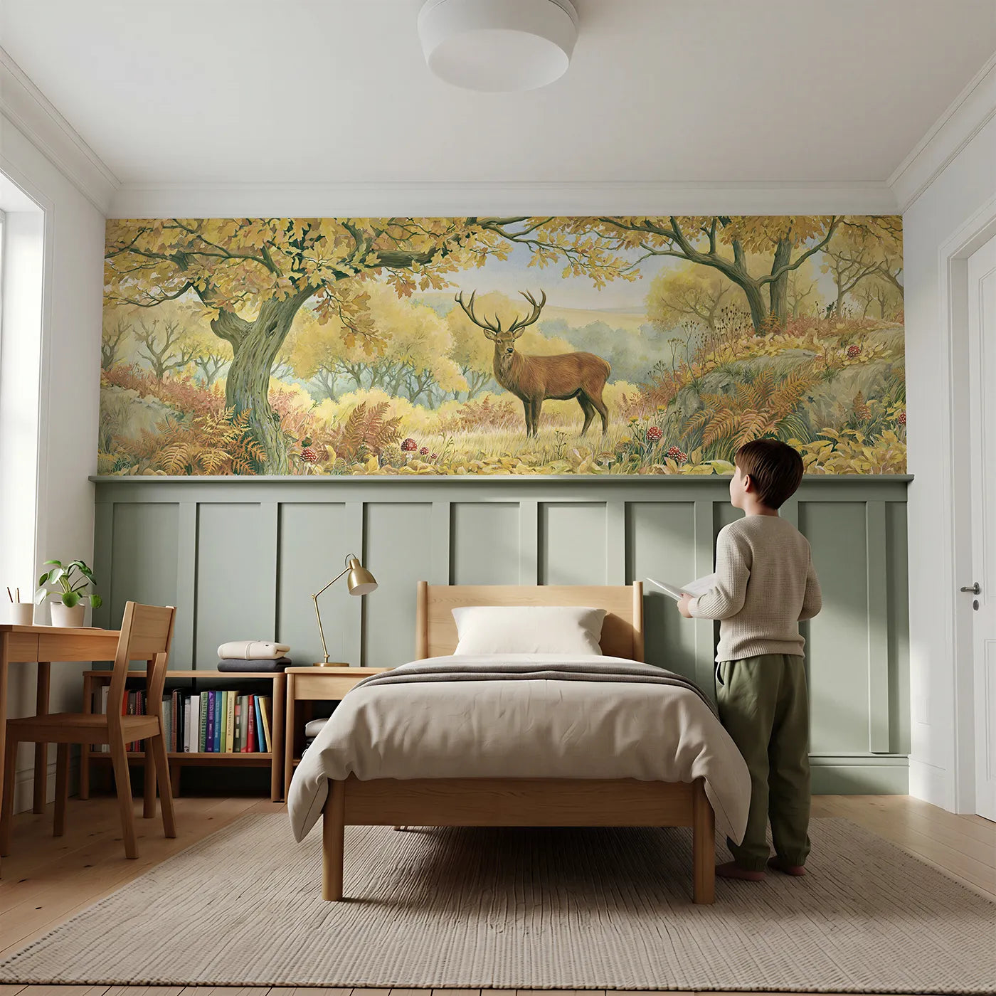 Child reading near Stag In The Autumn Glade Wainscoting Wallpaper by Whimsy Tots