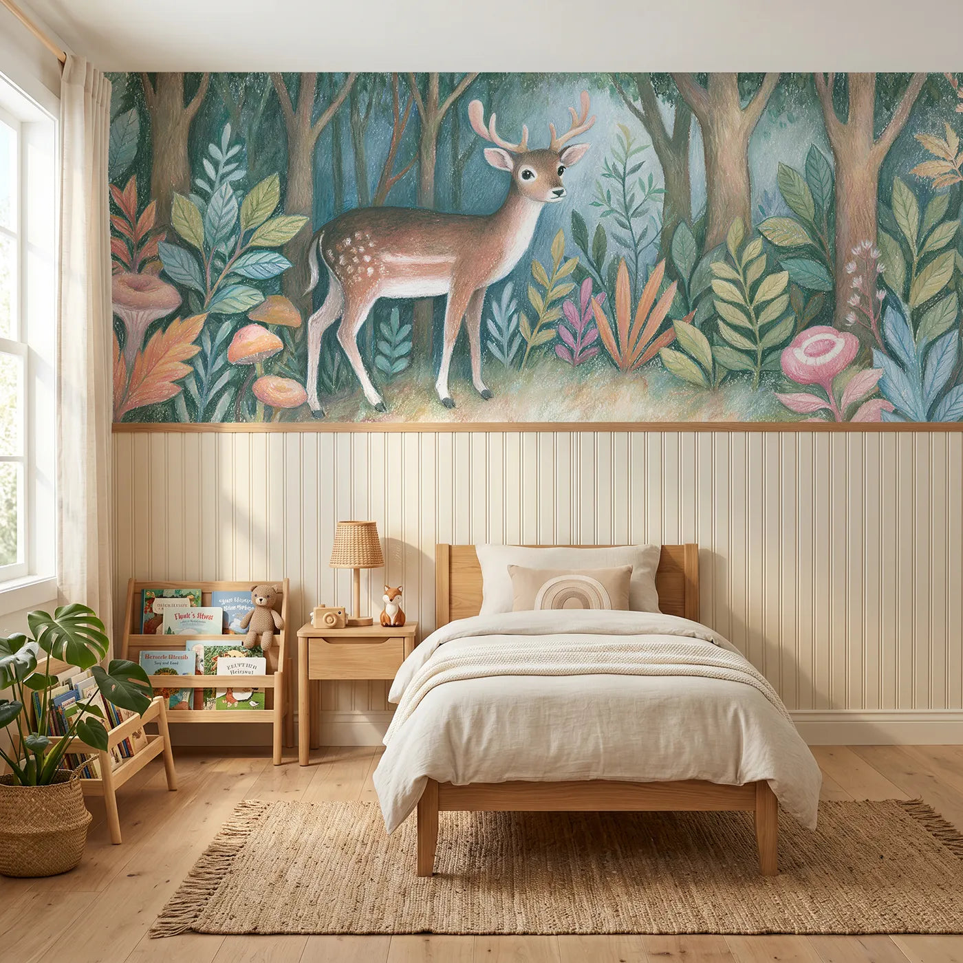 Colored pencil wainscoting wallpaper of a fallow buck in velvet by Whimsy Tots