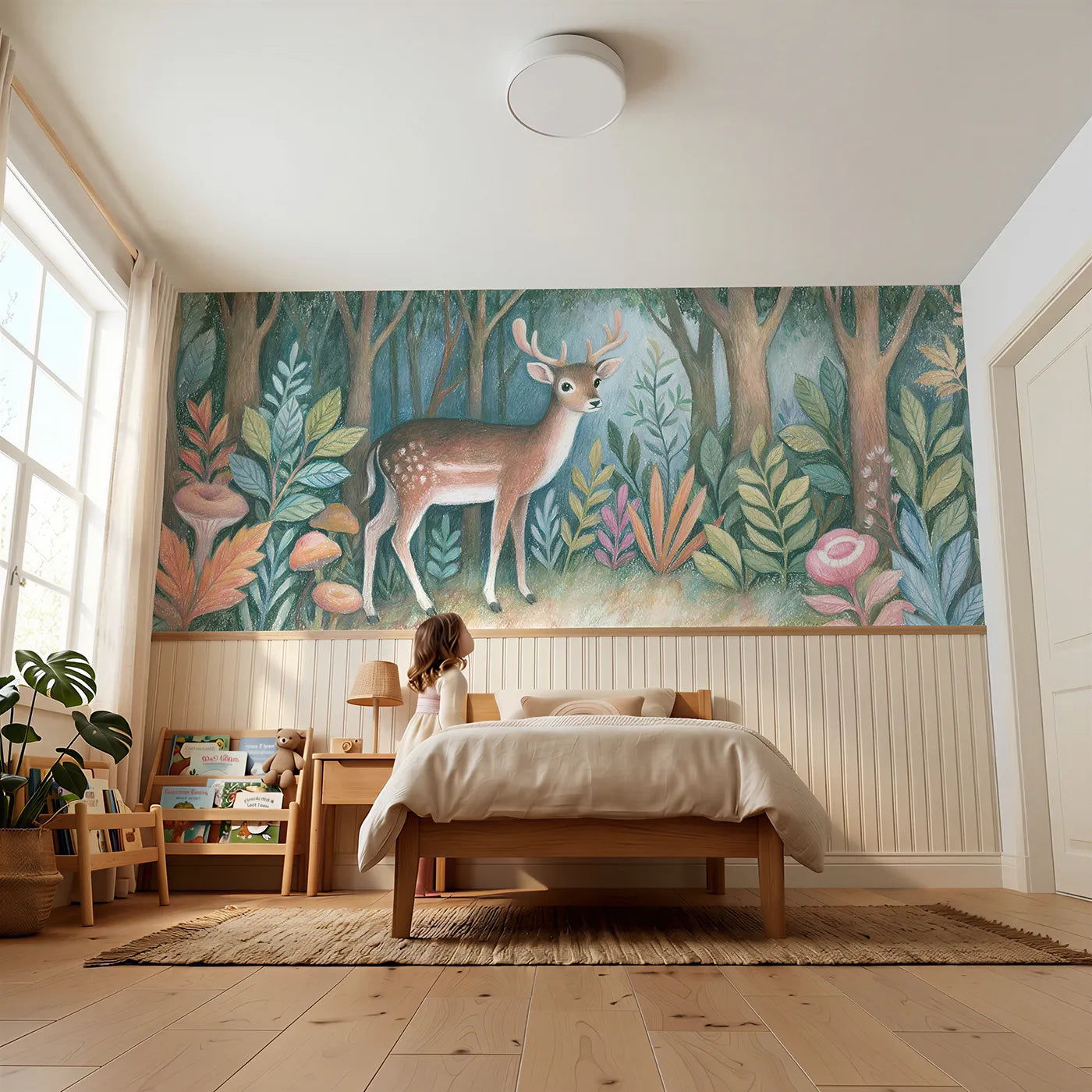 Child reading near Fallow Buck In Velvet Wainscoting Wallpaper by Whimsy Tots