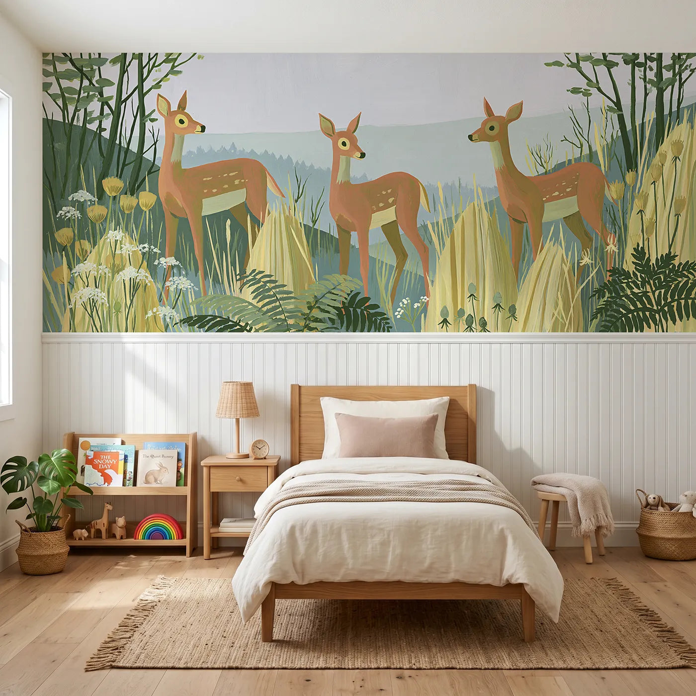 Modern illustration wainscoting wallpaper of three deer in tall grasses by Whimsy Tots
