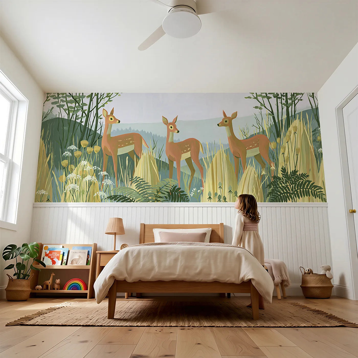 Child reading near Three Deer Tall Grasses Wainscoting Wallpaper by Whimsy Tots