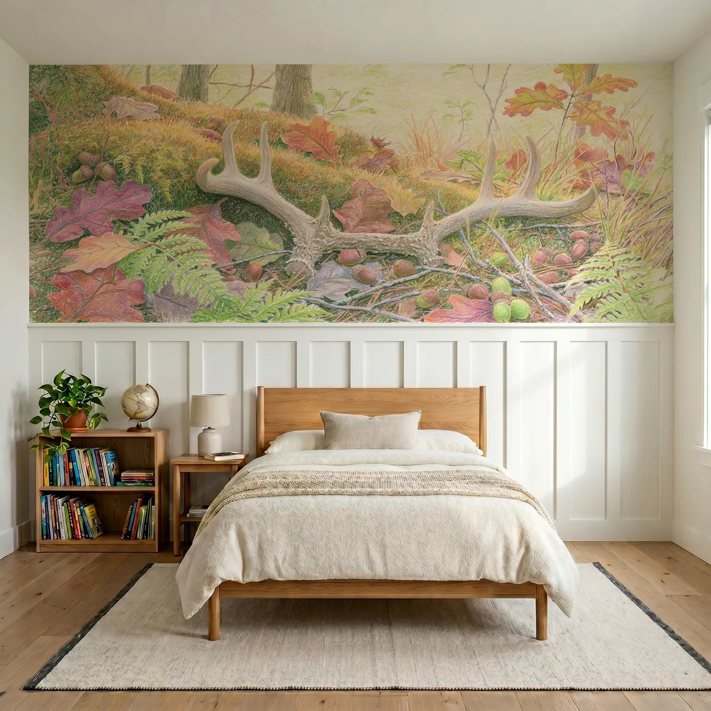 Colored pencil wainscoting wallpaper of an antler on the forest floor by Whimsy Tots