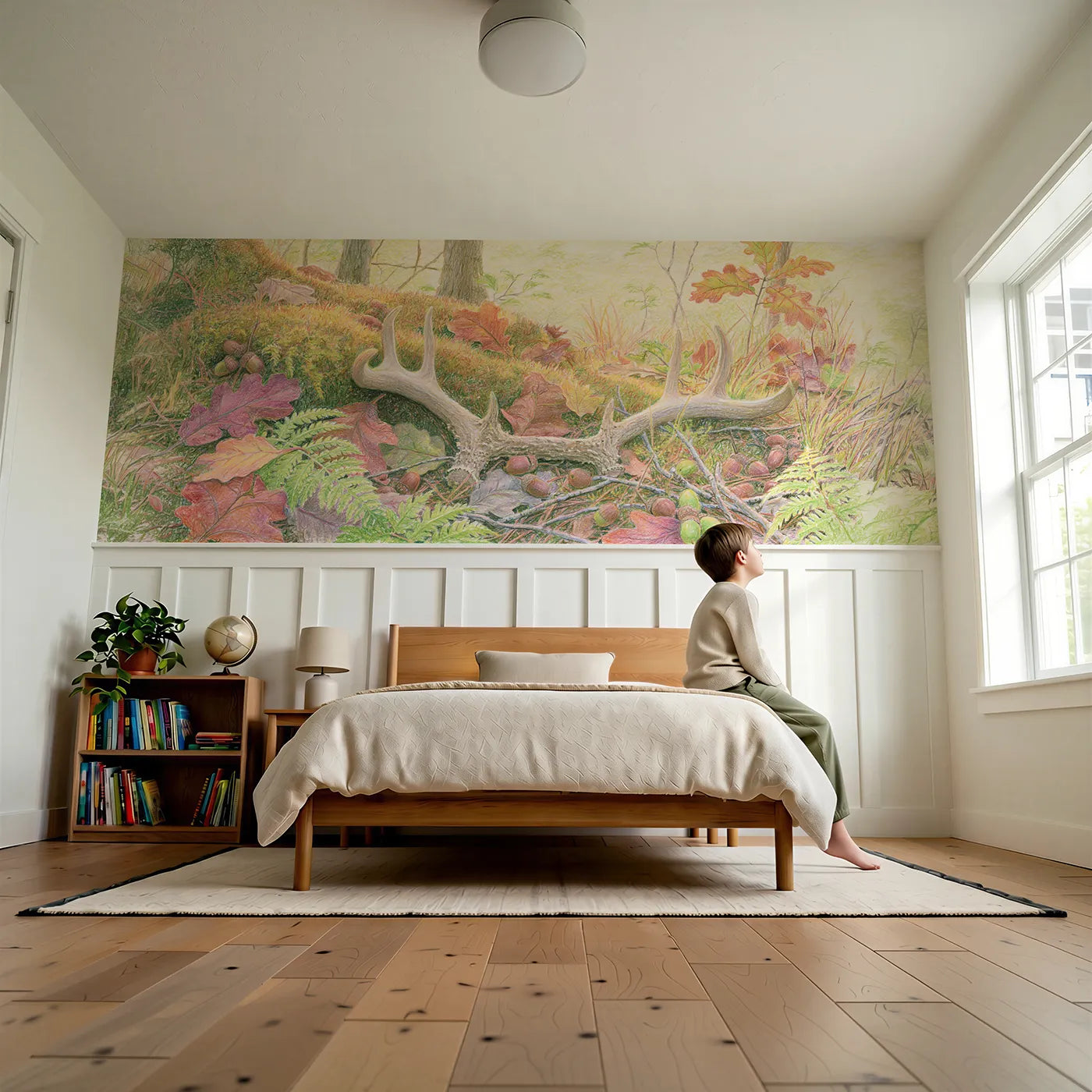 Child reading near Antler On The Forest Floor Wainscoting Wallpaper by Whimsy Tots