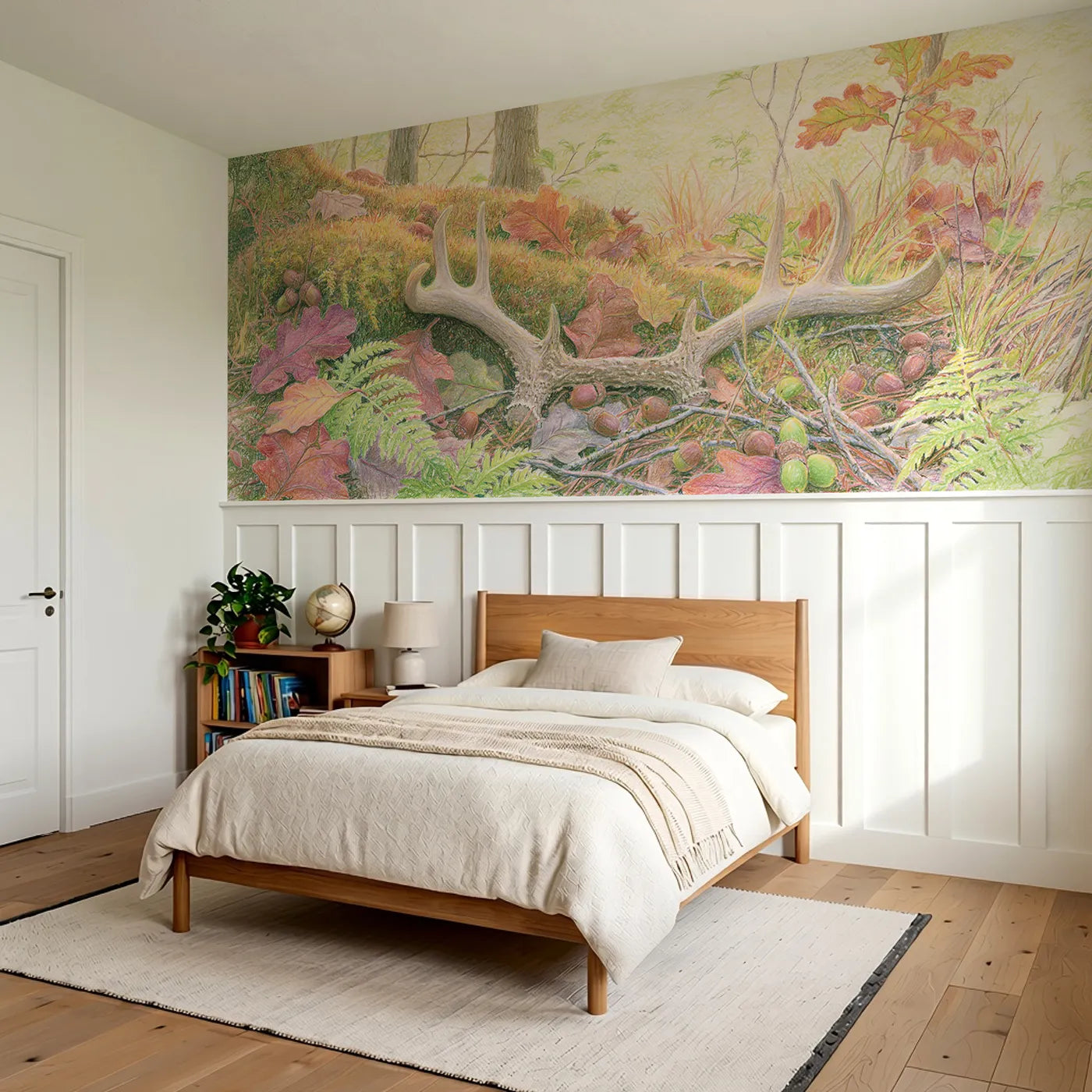 Antler On The Forest Floor Wainscoting Wallpaper styled in a kids room by Whimsy Tots