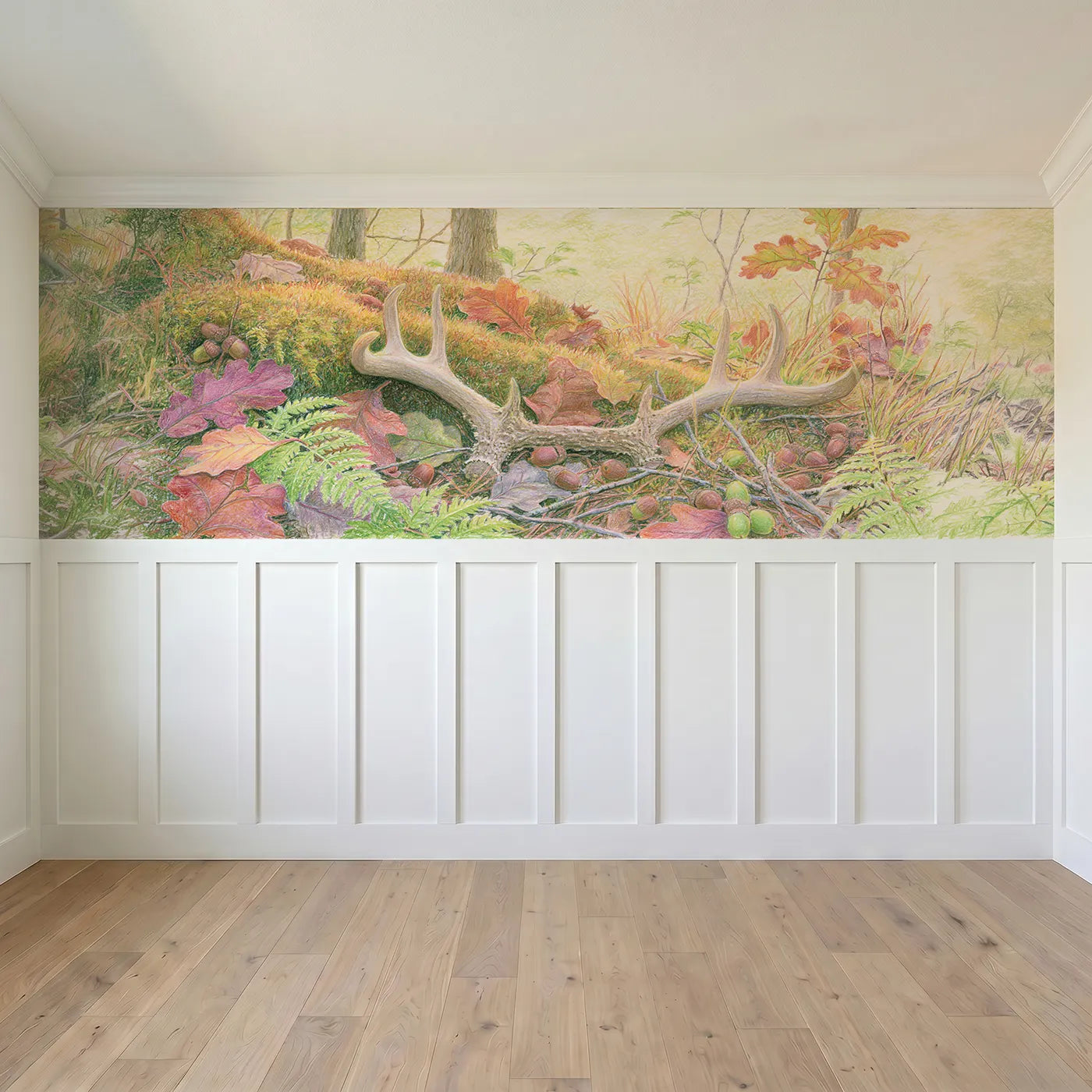 Full panel view of Antler On The Forest Floor Wainscoting Wallpaper by Whimsy Tots