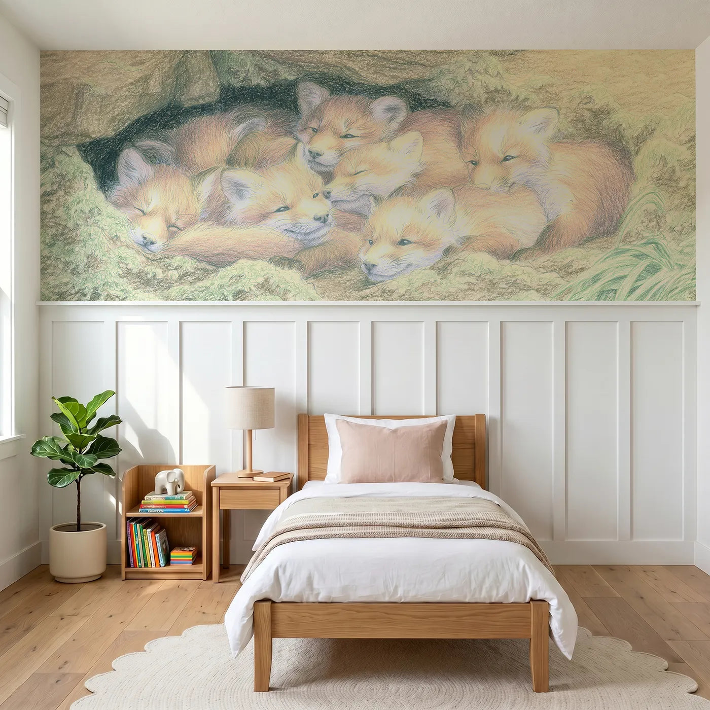 Colored pencil wainscoting wallpaper of a morning tumble at the den by Whimsy Tots