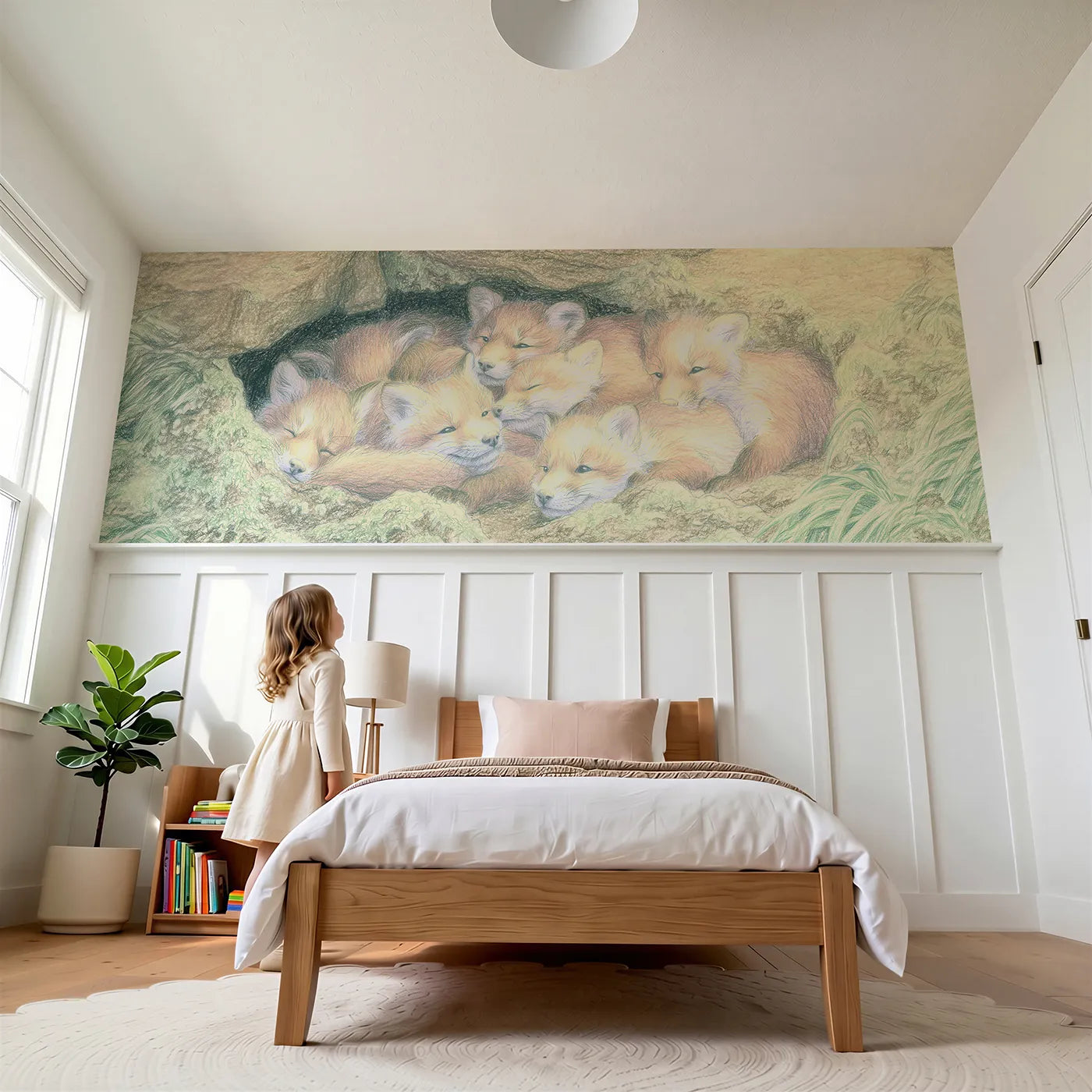 Child reading near Morning Tumble At The Den Wainscoting Wallpaper by Whimsy Tots