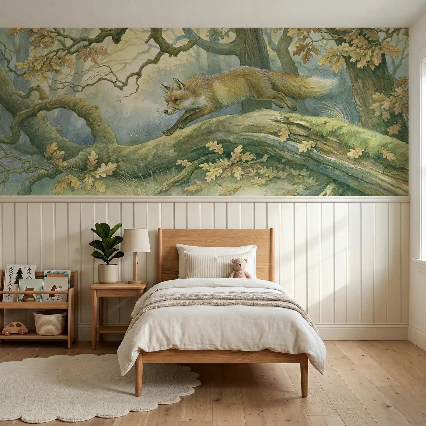 Storybook wainscoting wallpaper of a fox leaping the fallen log by Whimsy Tots