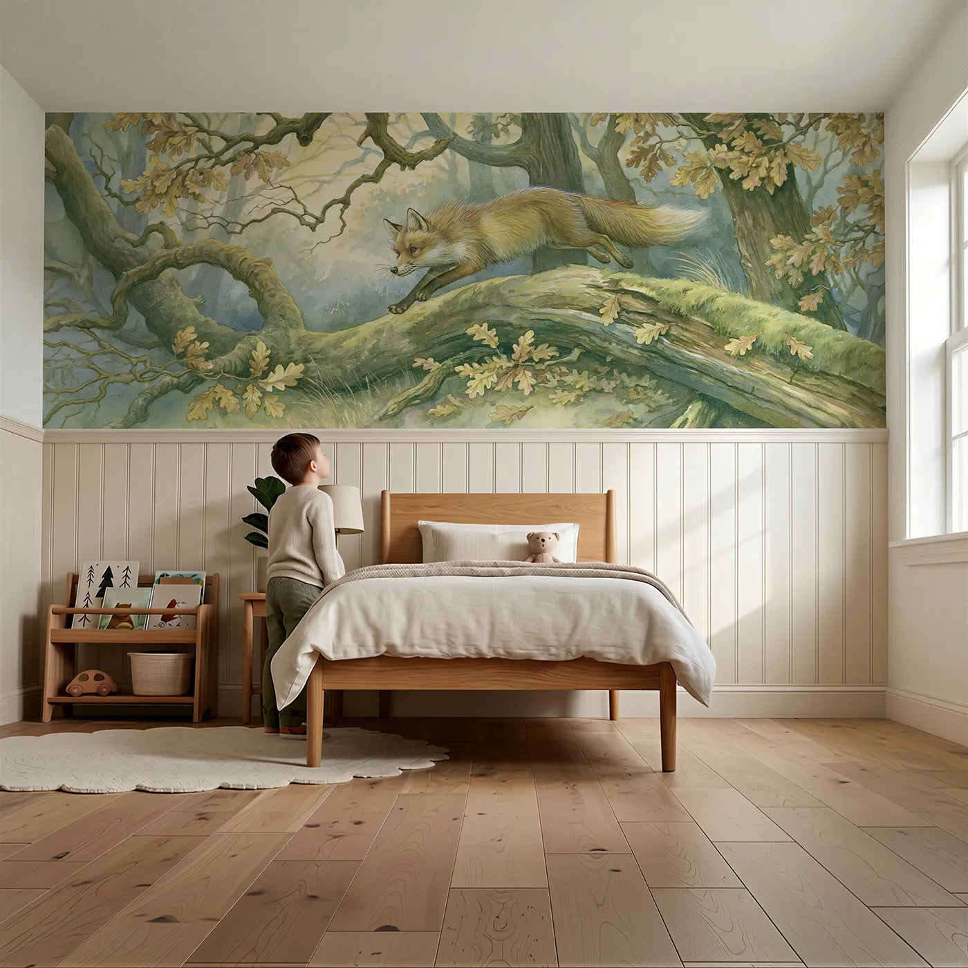 Child reading near Fox Leaps The Fallen Log Wainscoting Wallpaper by Whimsy Tots
