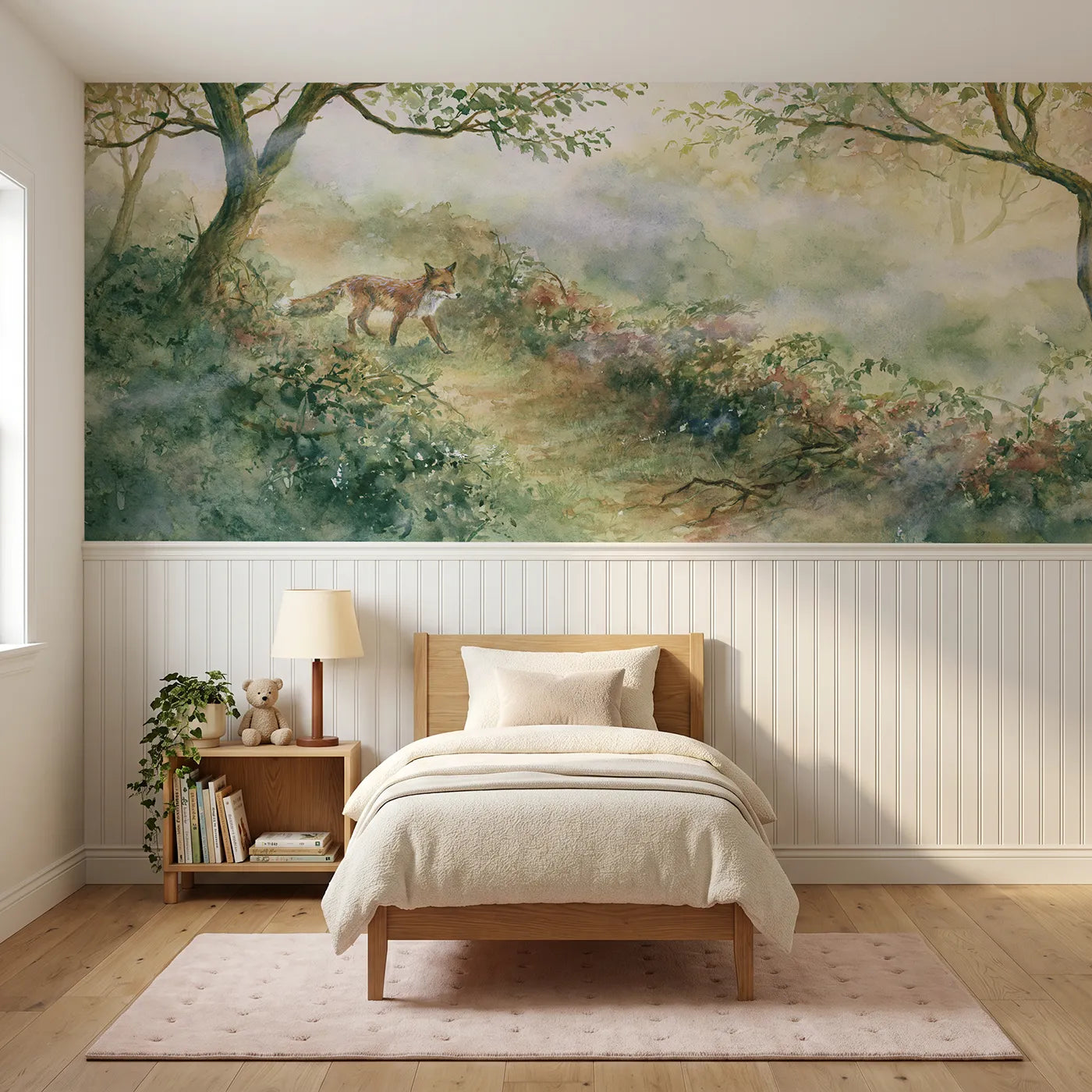 Watercolor wainscoting wallpaper of a fox on the bramble path by Whimsy Tots