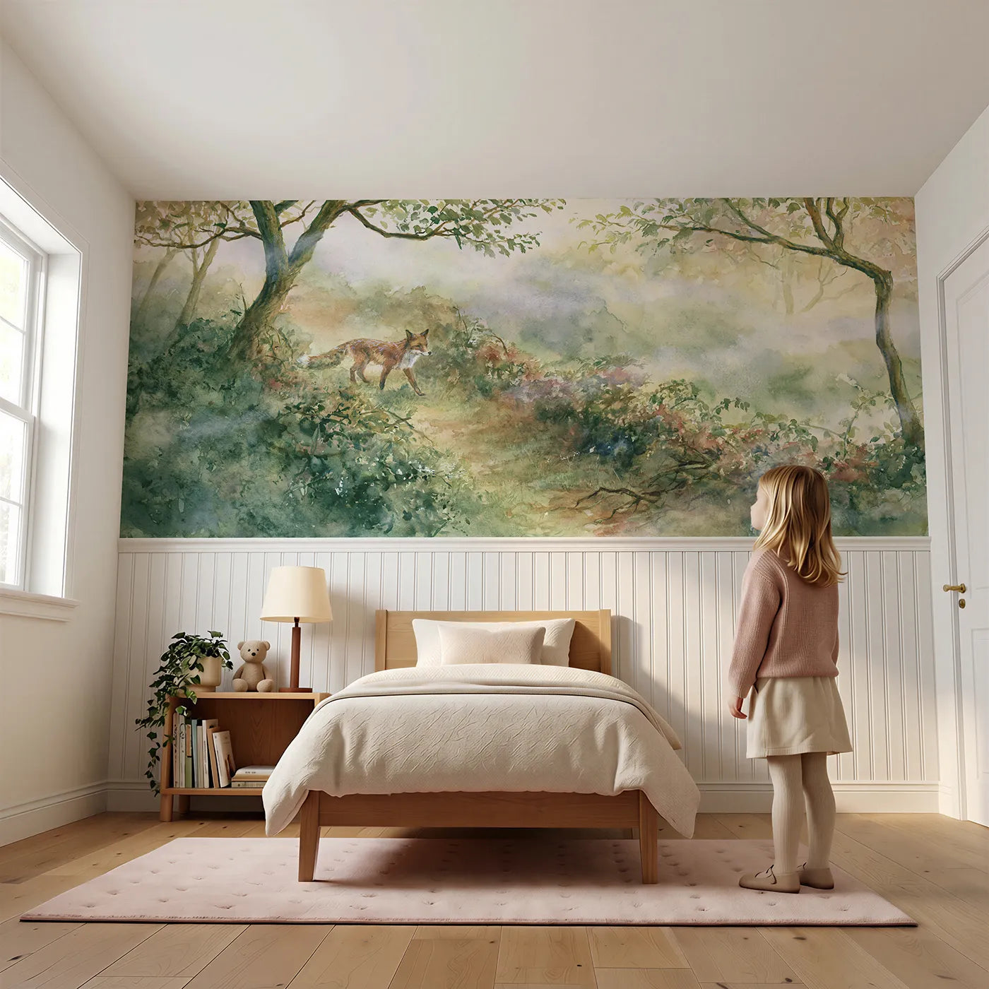 Child reading near Fox On The Bramble Path Wainscoting Wallpaper by Whimsy Tots