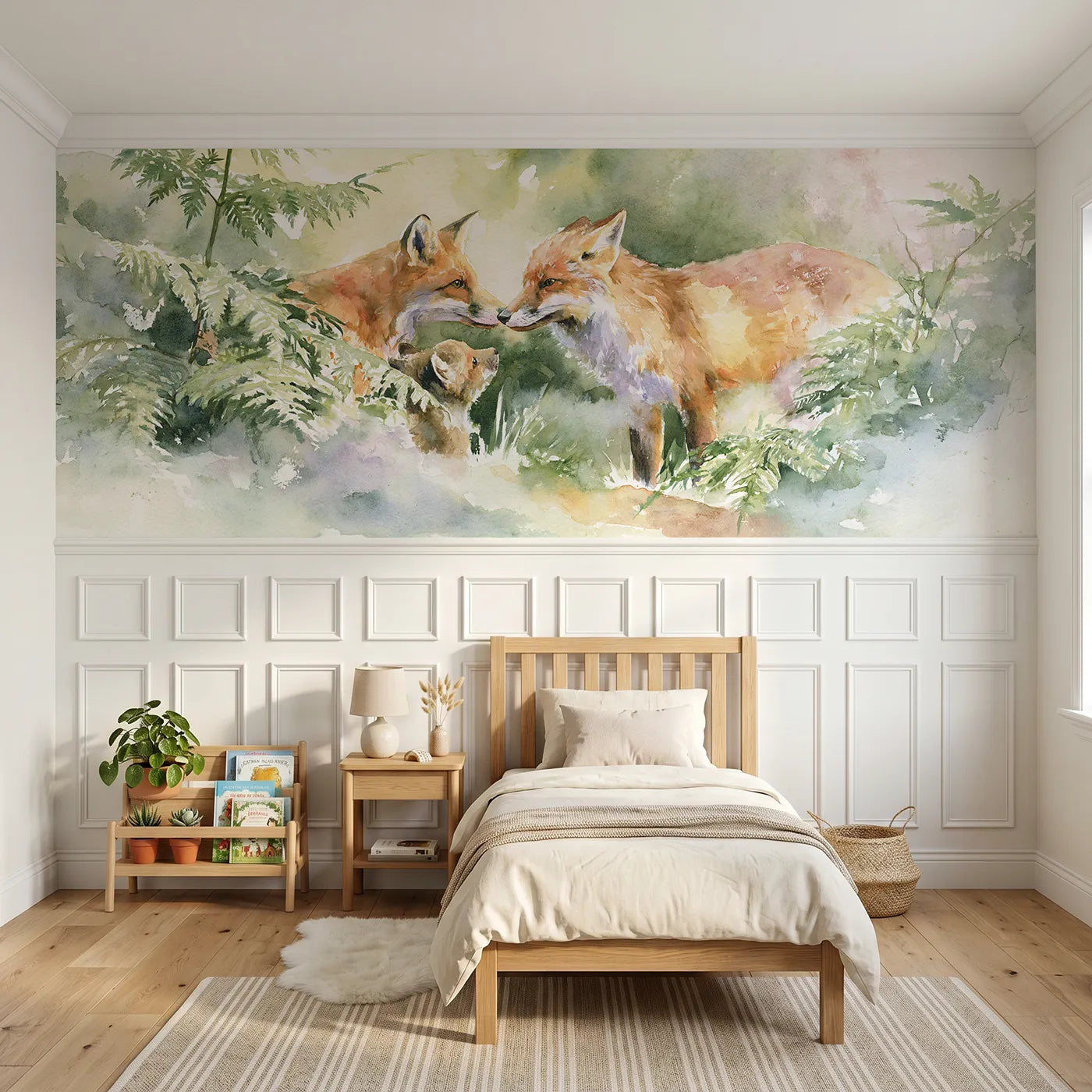 Watercolor wainscoting wallpaper of a vixen and cub on the fern bank by Whimsy Tots