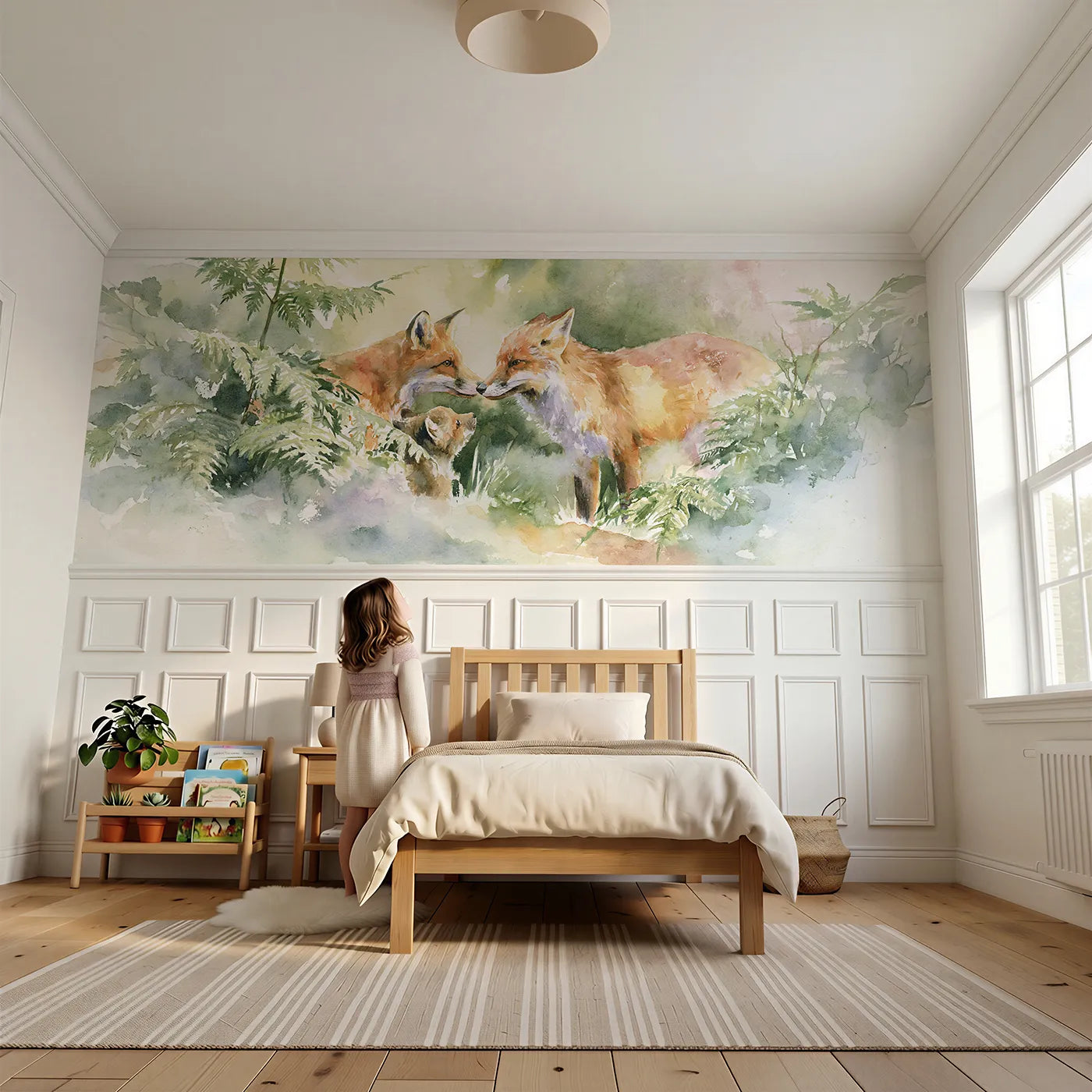 Child reading near Vixen And Cub Fern Bank Wainscoting Wallpaper by Whimsy Tots