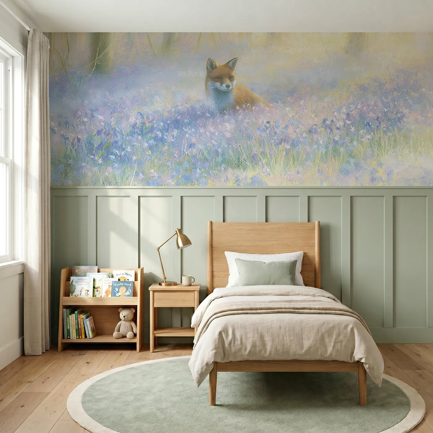 Soft pastel wainscoting wallpaper of a fox among the bluebells by Whimsy Tots