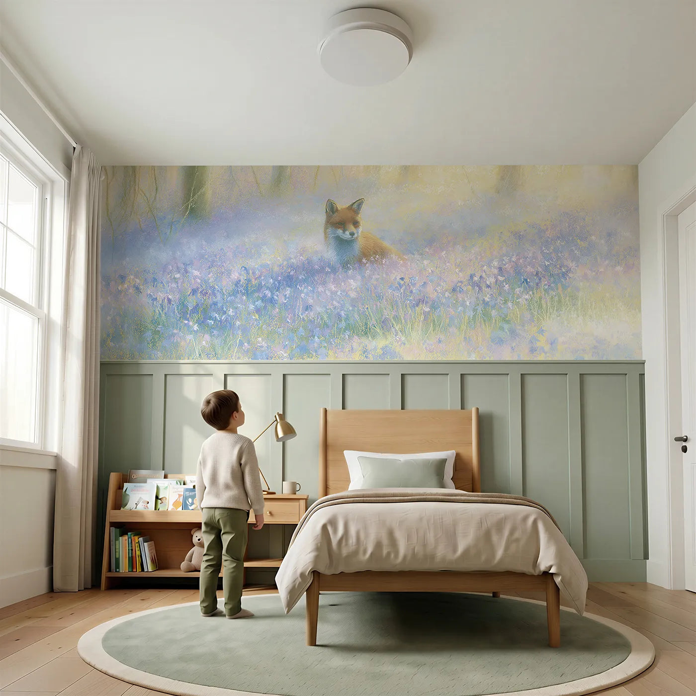 Child reading near Fox Among The Bluebells Wainscoting Wallpaper by Whimsy Tots