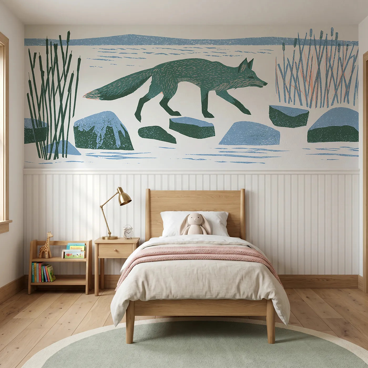 Block print wainscoting wallpaper of a carved fox on stepping stones by Whimsy Tots