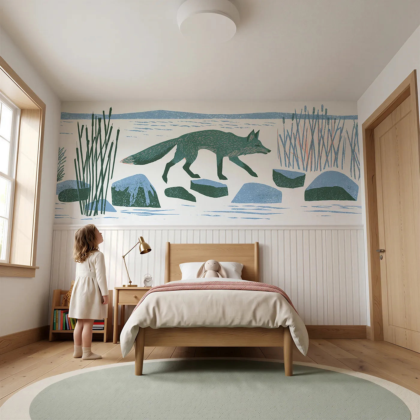 Child reading near Carved Fox Stepping Stones Wainscoting Wallpaper by Whimsy Tots