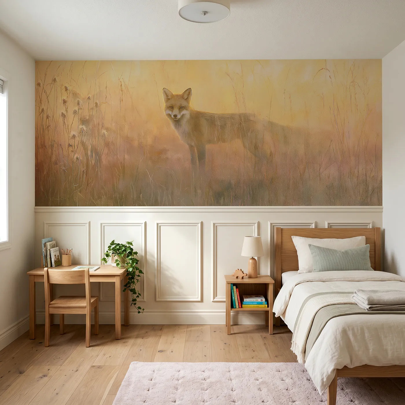 Watercolor wainscoting wallpaper of a fox in tall seedheads by Whimsy Tots