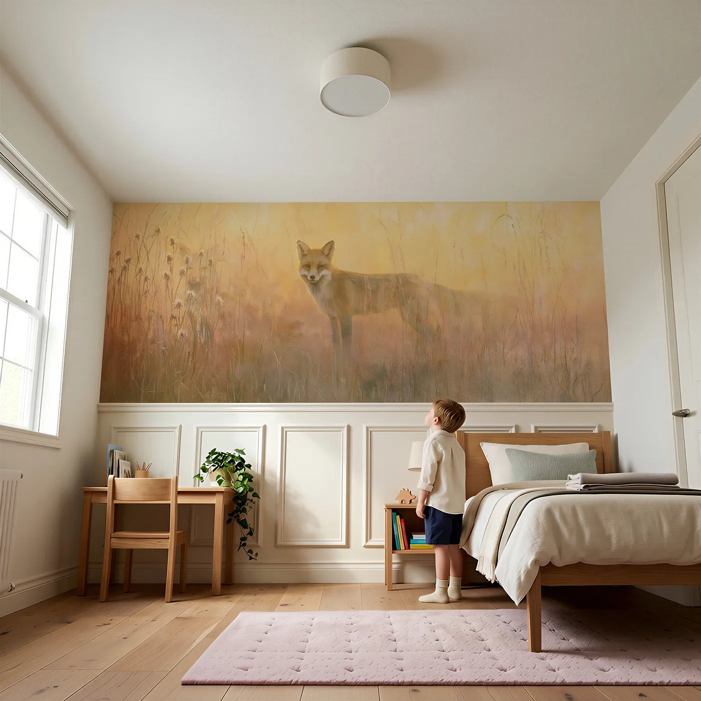 Child reading near Fox In Tall Seedheads Wainscoting Wallpaper by Whimsy Tots