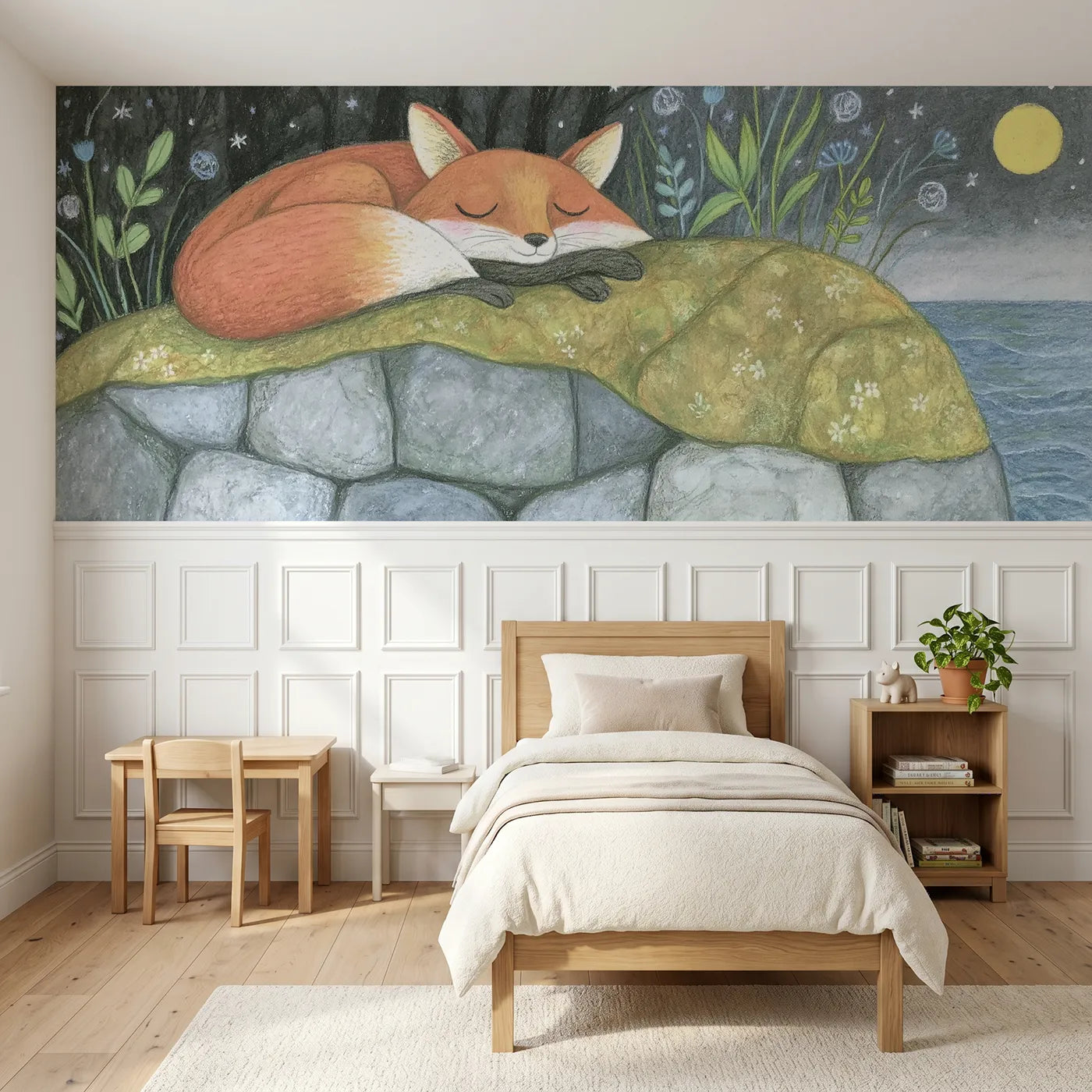 Colored pencil wainscoting wallpaper of a fox on the warm boulder by Whimsy Tots