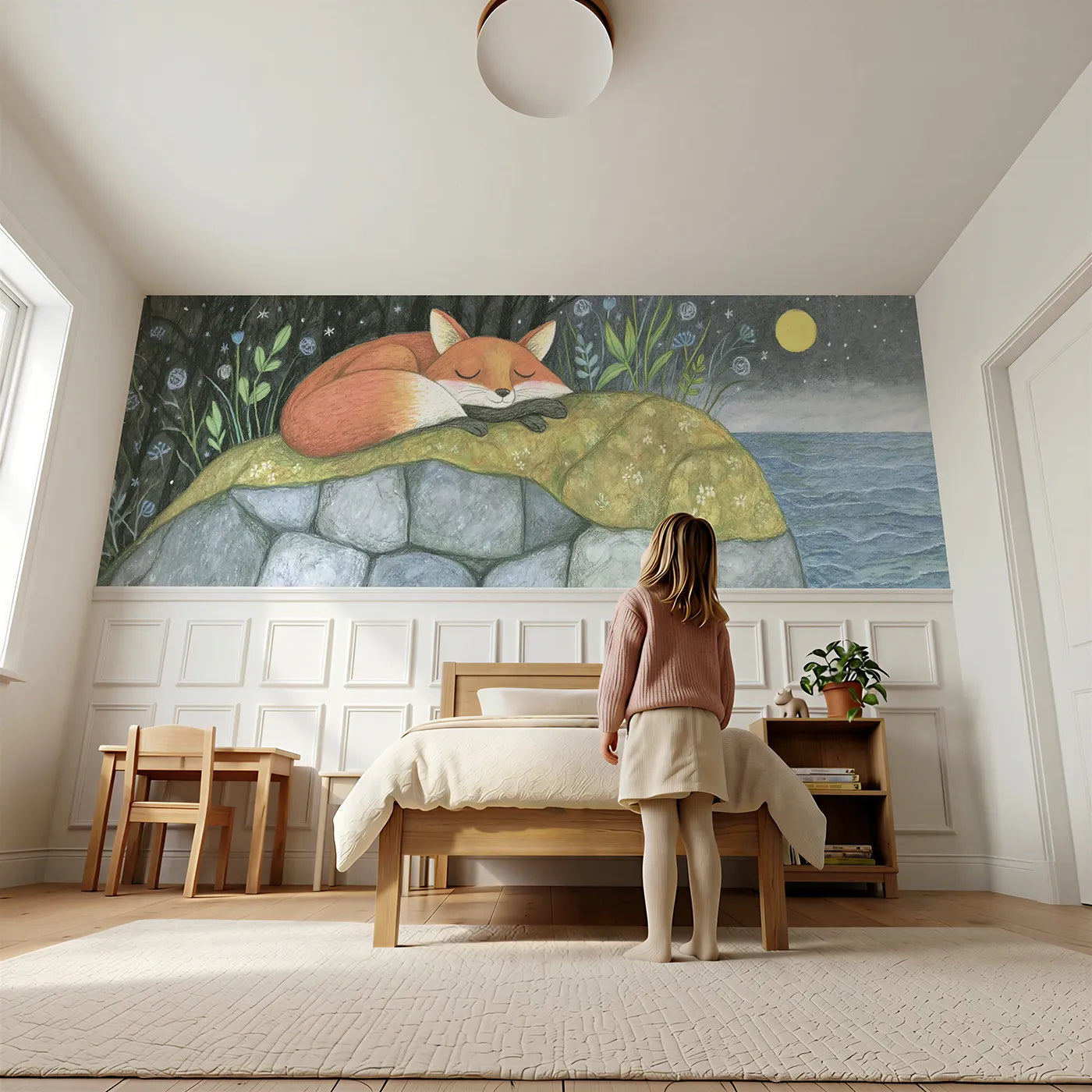 Child reading near Fox On The Warm Boulder Wainscoting Wallpaper by Whimsy Tots