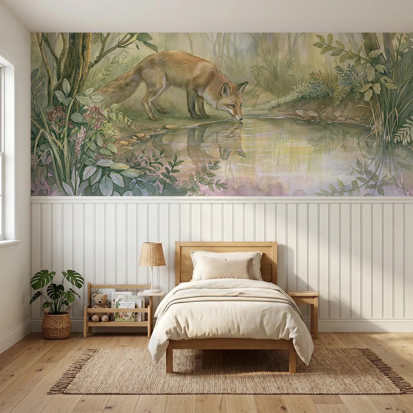 Storybook wainscoting wallpaper of a fox at the spring by Whimsy Tots