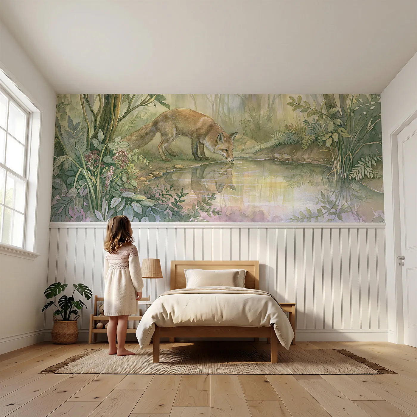Child reading near Fox At The Spring Wainscoting Wallpaper by Whimsy Tots