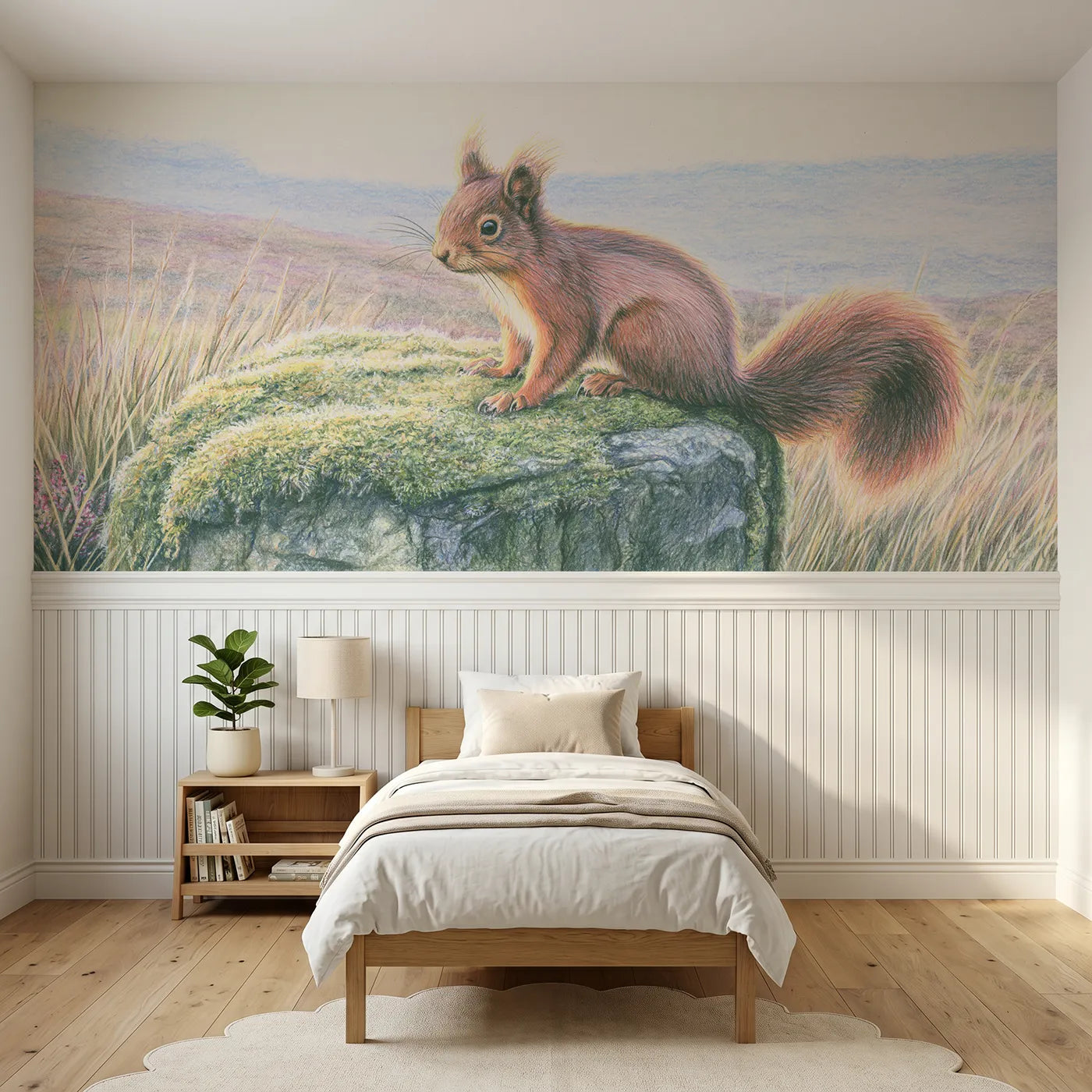 Colored pencil wainscoting wallpaper of a red squirrel on a mossy stump by Whimsy Tots
