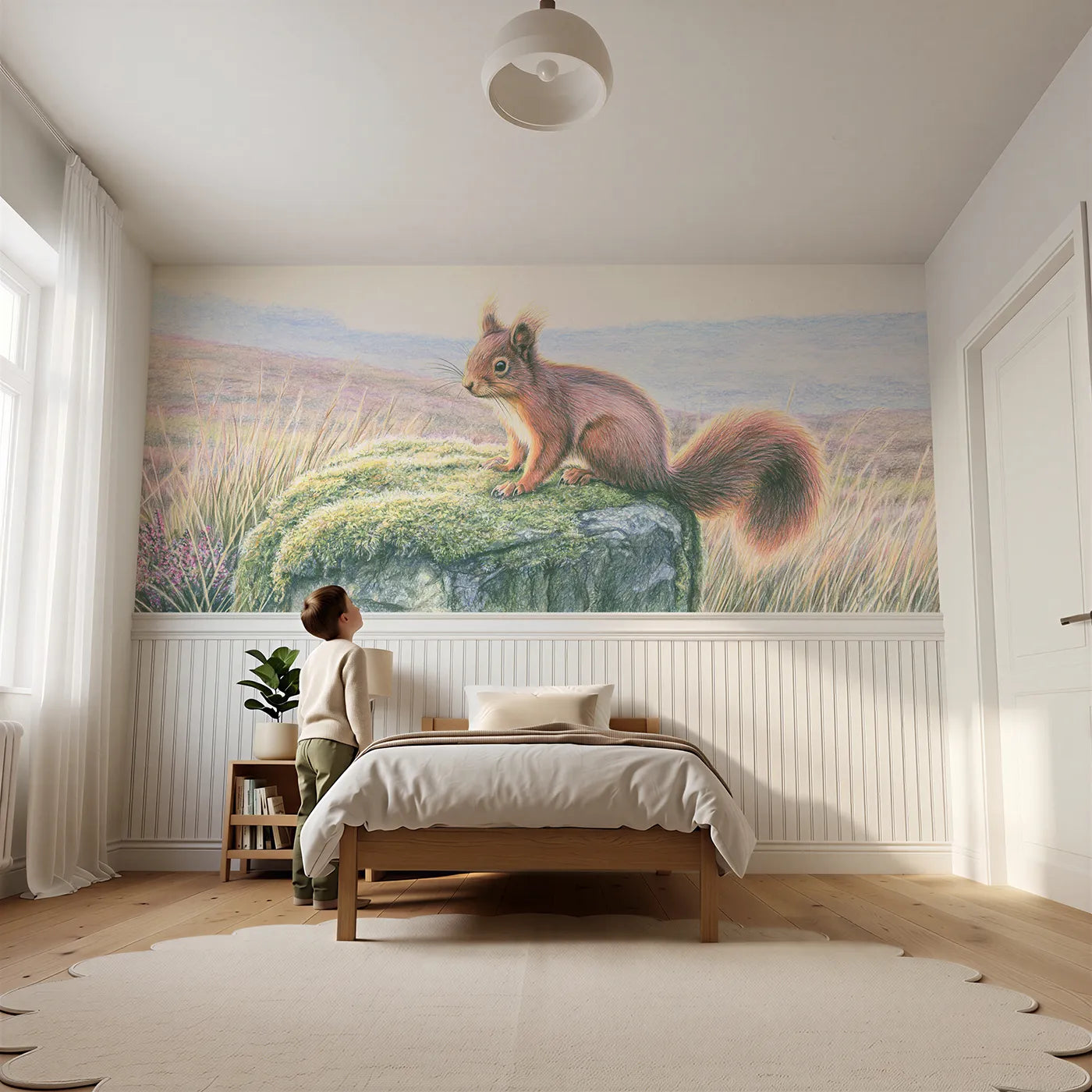 Child reading near Red Squirrel Mossy Stump Wainscoting Wallpaper by Whimsy Tots