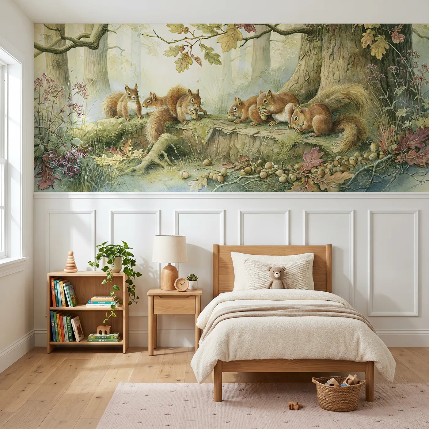 Storybook wainscoting wallpaper of acorn caching at the oak by Whimsy Tots