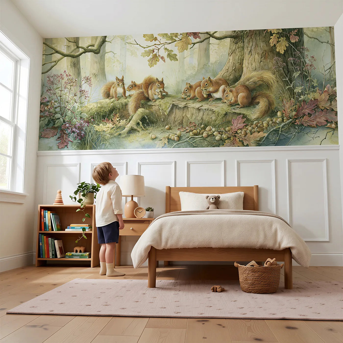 Child reading near Acorn Caching At The Oak Wainscoting Wallpaper by Whimsy Tots