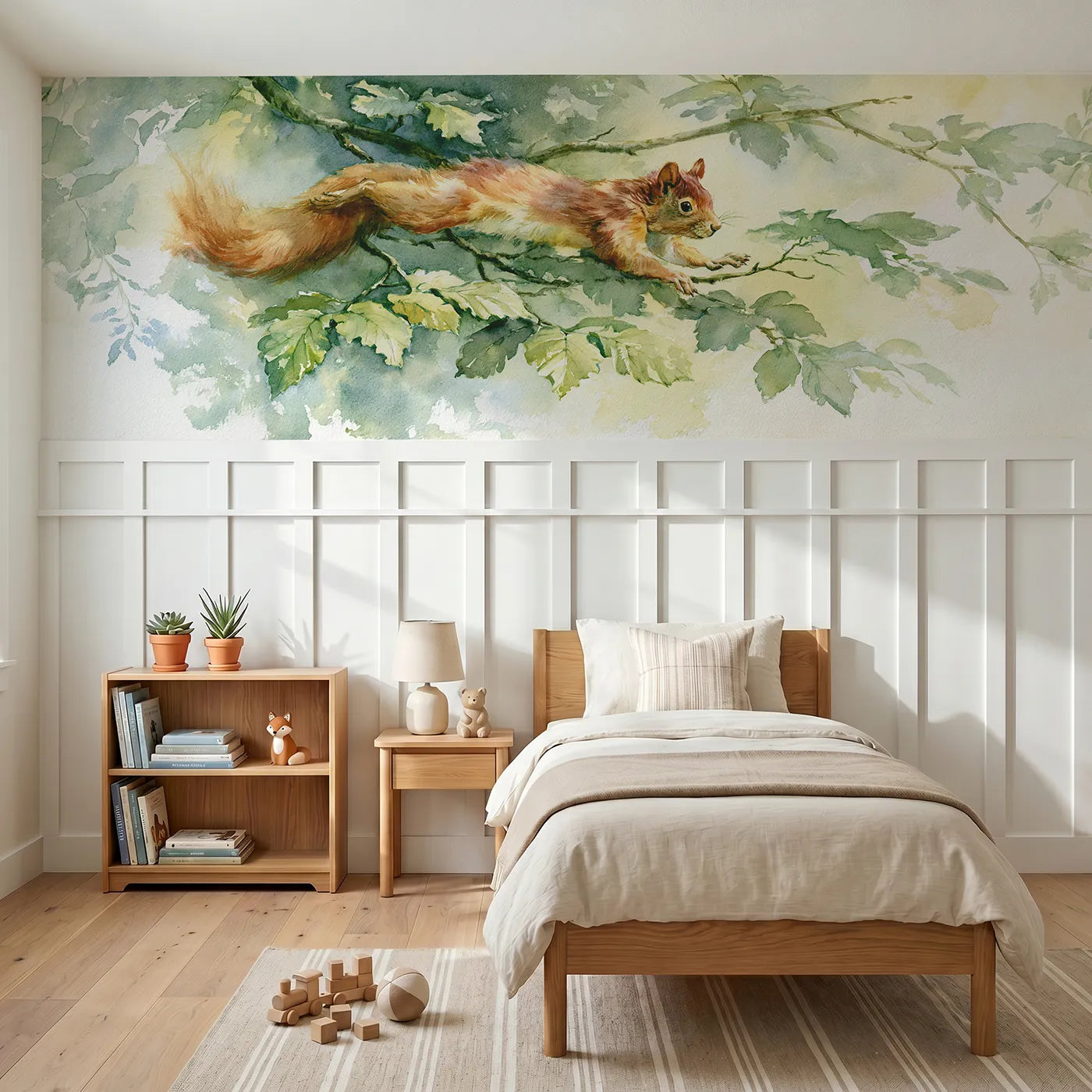 Watercolor wainscoting wallpaper of a squirrel leap between branches by Whimsy Tots