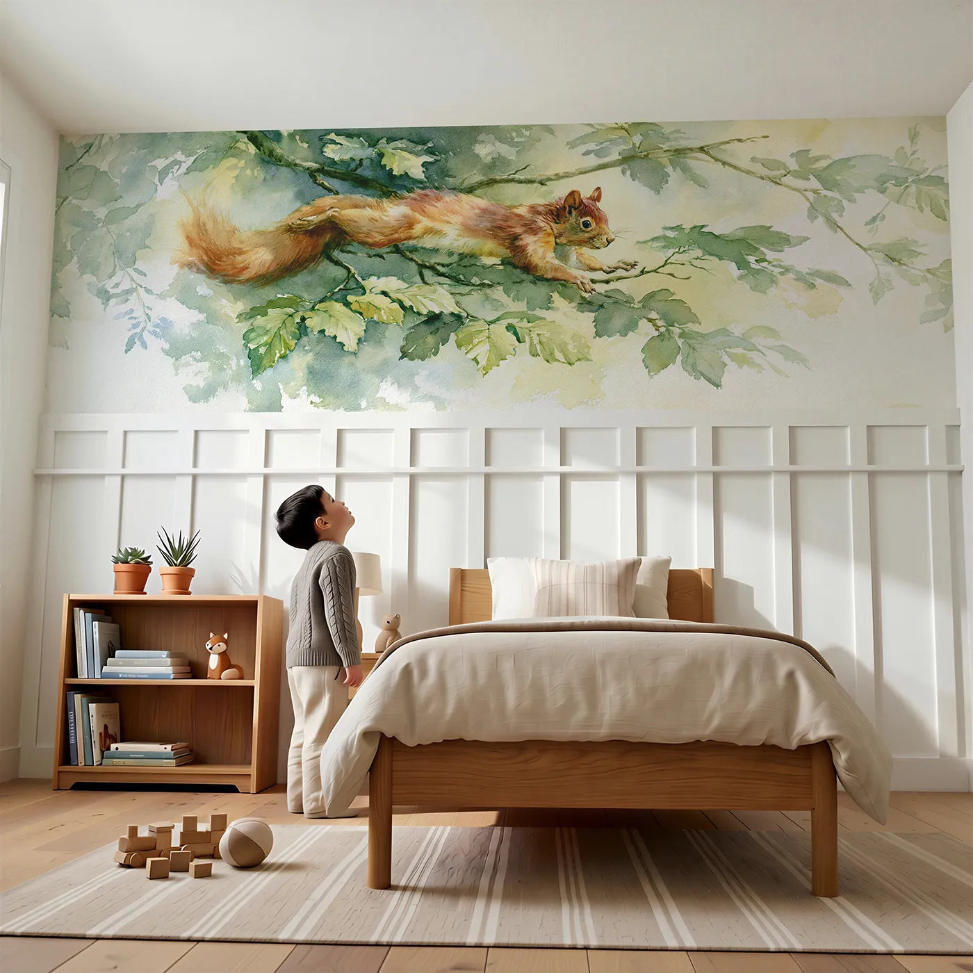 Child reading near Squirrel Leap Between Branches Wainscoting Wallpaper by Whimsy Tots