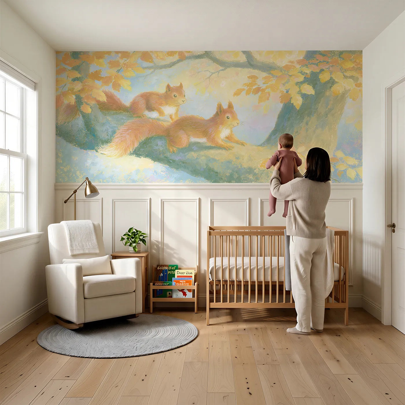 Child reading near Spiral Chase Round The Trunk Wainscoting Wallpaper by Whimsy Tots
