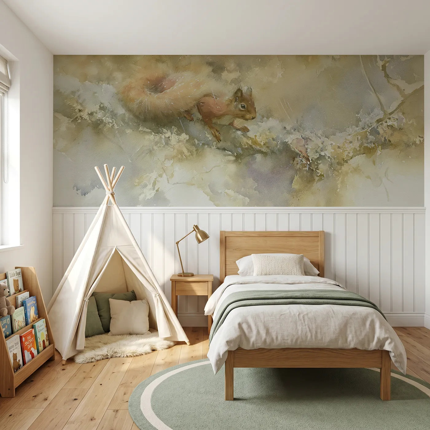 Watercolor wainscoting wallpaper of a squirrel under a tail umbrella by Whimsy Tots