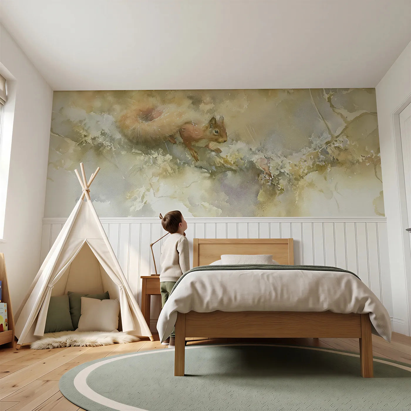 Child reading near Under His Tail Umbrella Wainscoting Wallpaper by Whimsy Tots