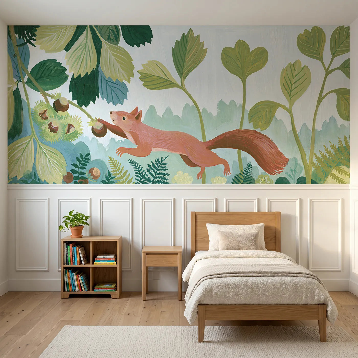 Modern illustration wainscoting wallpaper of reaching for the hazelnut by Whimsy Tots