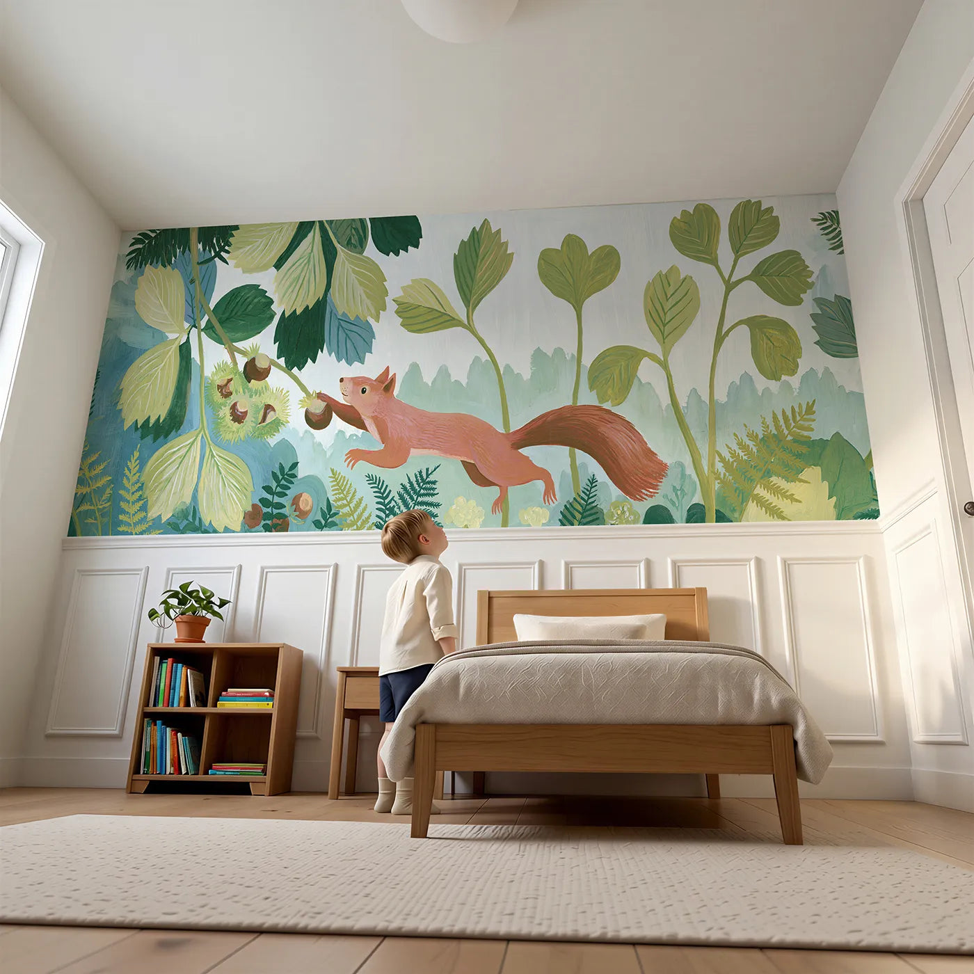 Child reading near Reaching For The Hazelnut Wainscoting Wallpaper by Whimsy Tots