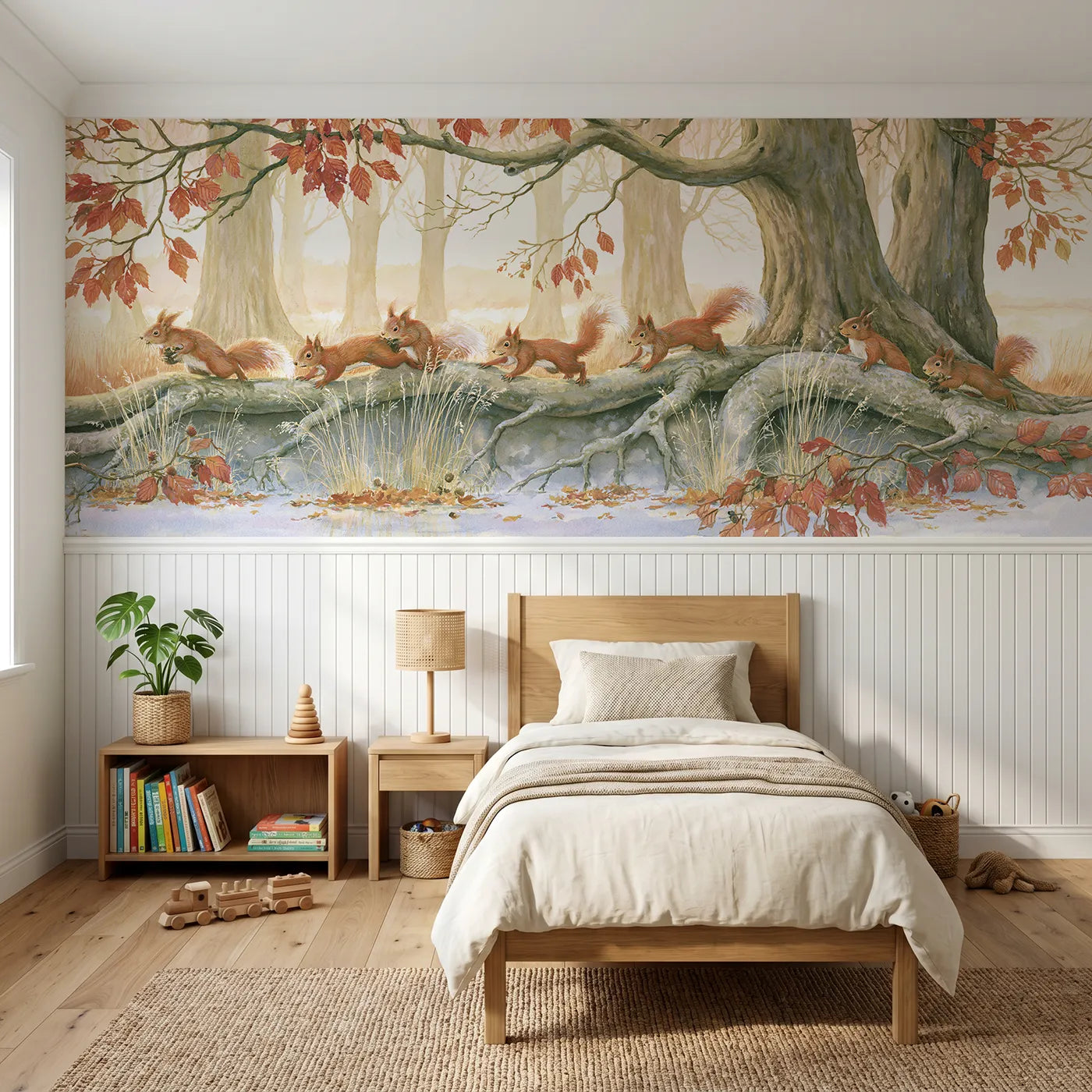 Storybook wainscoting wallpaper of racing the high branches by Whimsy Tots