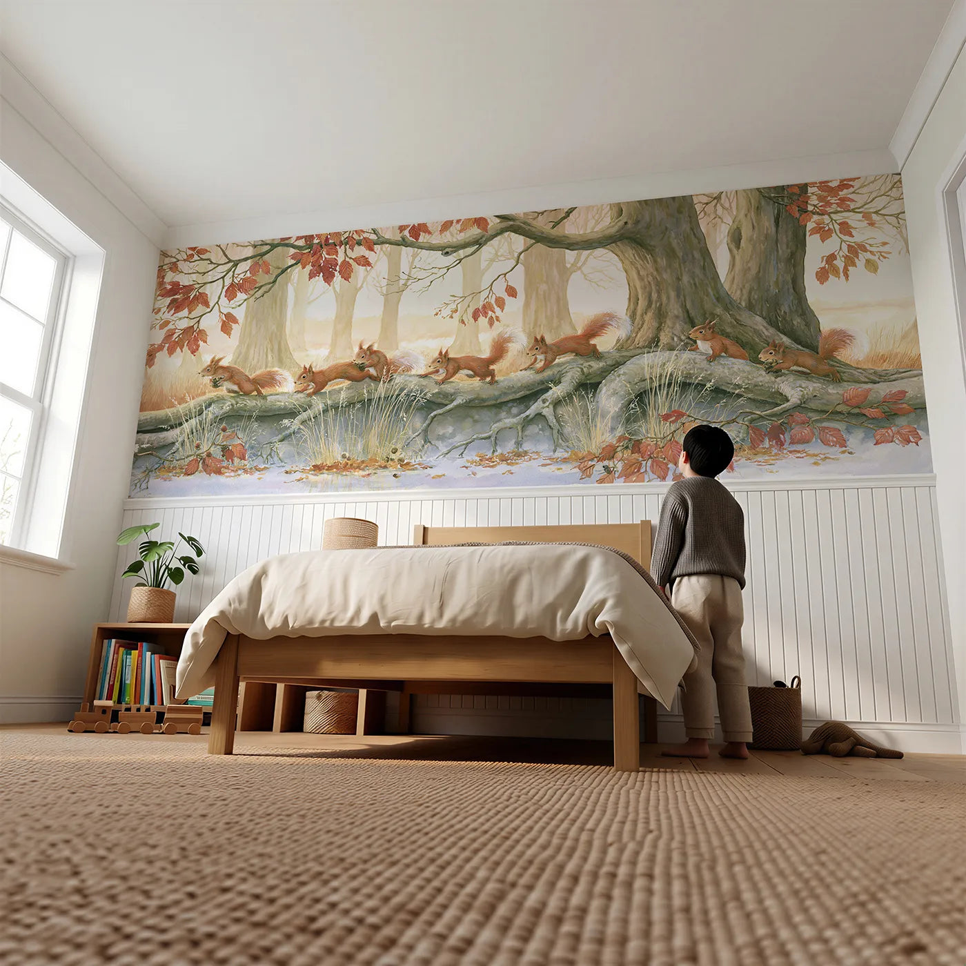 Child reading near Racing The High Branches Wainscoting Wallpaper by Whimsy Tots