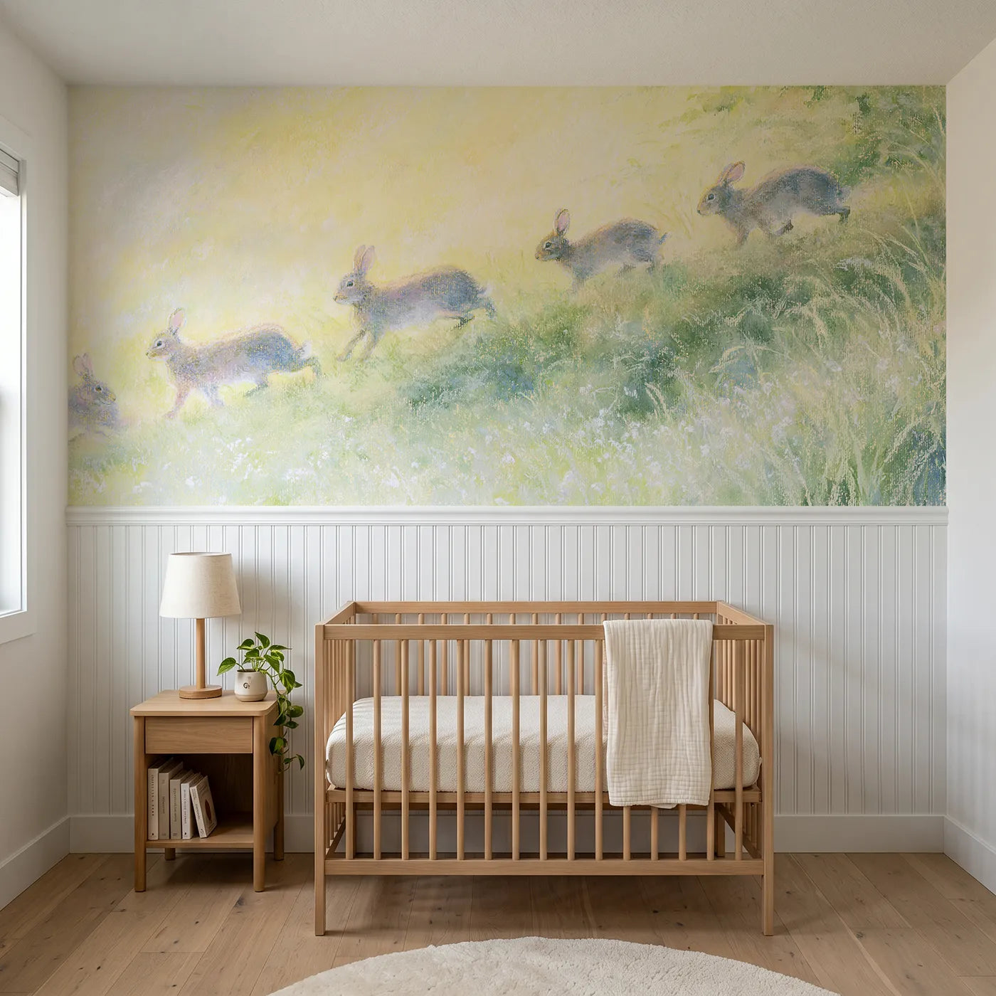 Soft pastel wainscoting wallpaper of a rabbit family down the bank by Whimsy Tots