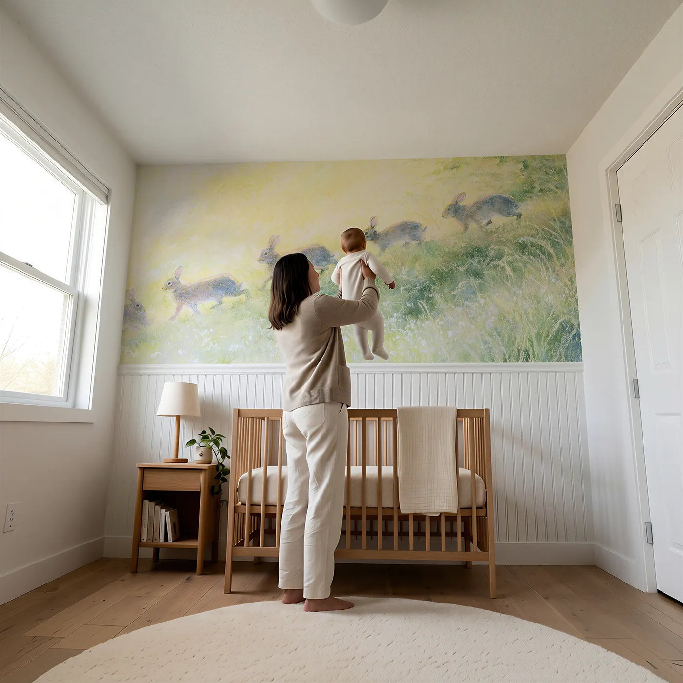 Child reading near Rabbit Family Down The Bank Wainscoting Wallpaper by Whimsy Tots