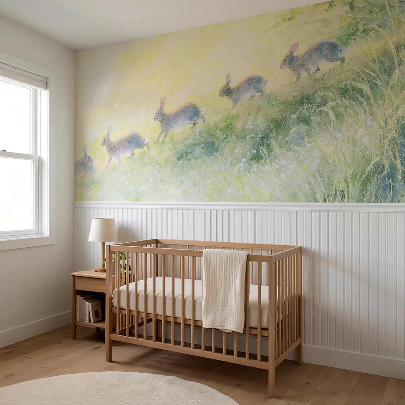 Rabbit Family Down The Bank Wainscoting Wallpaper styled in a kids room by Whimsy Tots