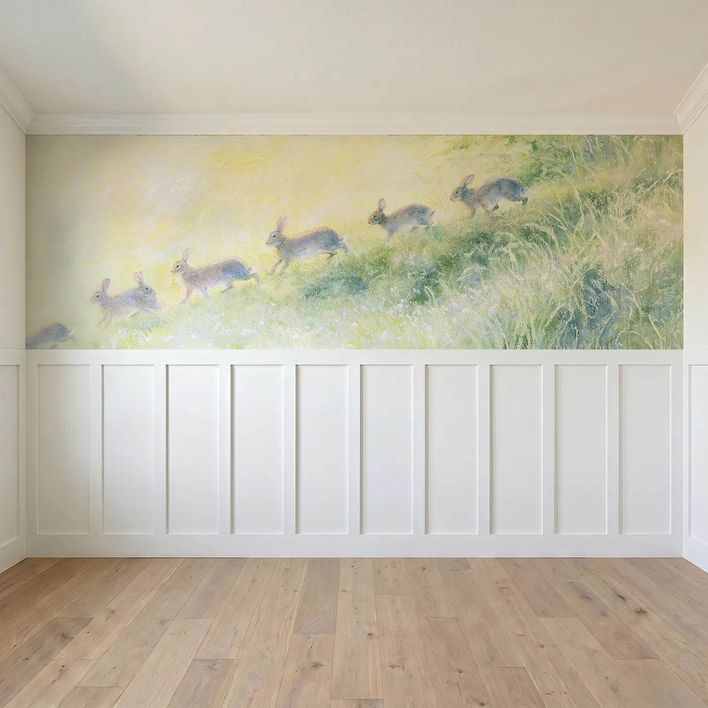 Full panel view of Rabbit Family Down The Bank Wainscoting Wallpaper by Whimsy Tots