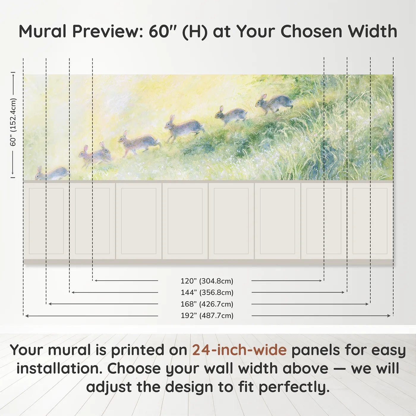 Panel dimensions for Rabbit Family Down The Bank Wainscoting Wallpaper by Whimsy Tots